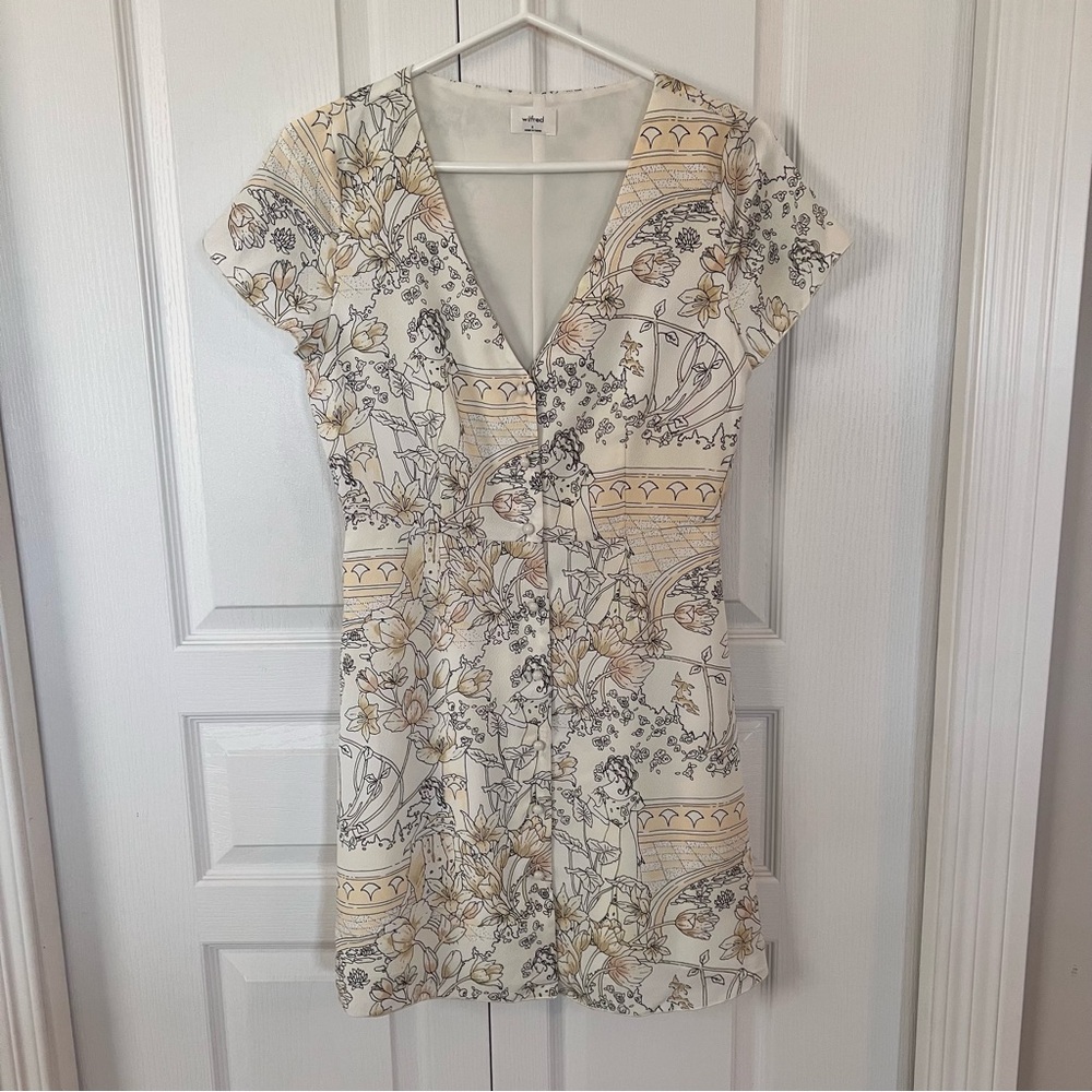 Aritzia Wilfred Nazaire Antique Pattern Mini Dress Yellow White Black Size US 6 - Picture 6 of 17